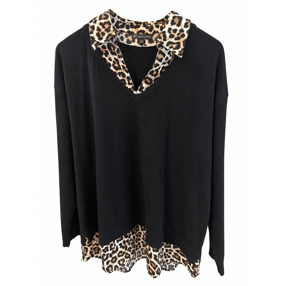 Adrianna Papell Layered Sweater Women XL Black EUC Leopard Print Mixed Media